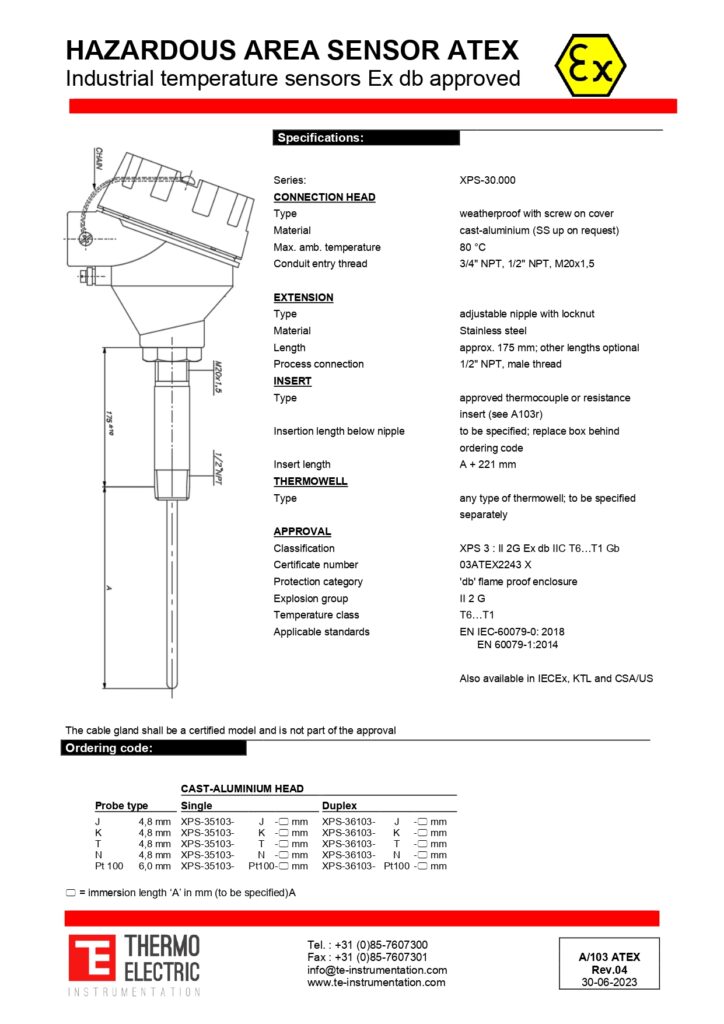 A103 Hazardous Area Sensor ATEX Ex db Approved