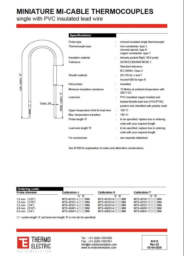 B312 Miniature Mi-Cable Thermocouples Single with PVC Insulated Lead Wire