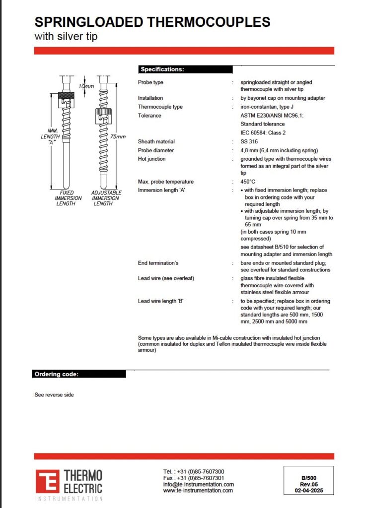 B500 Spring-Loaded Thermocouples with Silver Tip