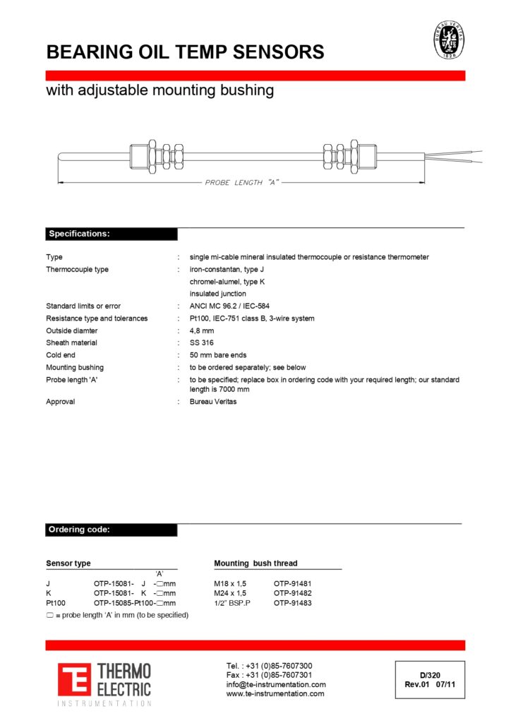 D320 Bearing Oil Temperature Sensors with Adjustable Mounting Bushing