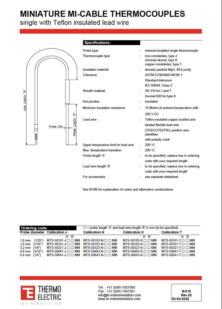 B315 Miniature Mi-Cable Thermocouples Single with Teflon Insulated Lead Wire
