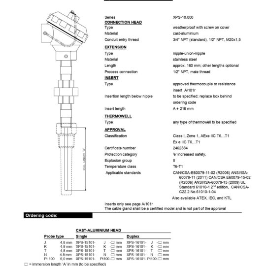 Hazardous Area Industrial Temperature Sensor CSA/US Ex e/AEx e Approved
