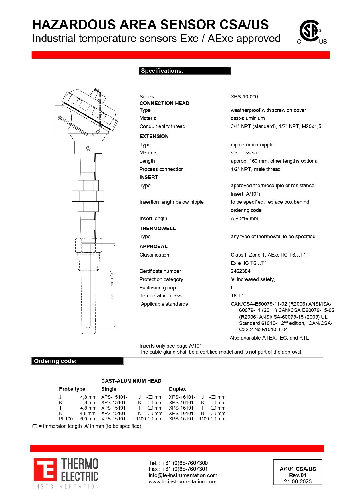 Hazardous Area Industrial Temperature Sensor CSA/US Ex e/AEx e Approved