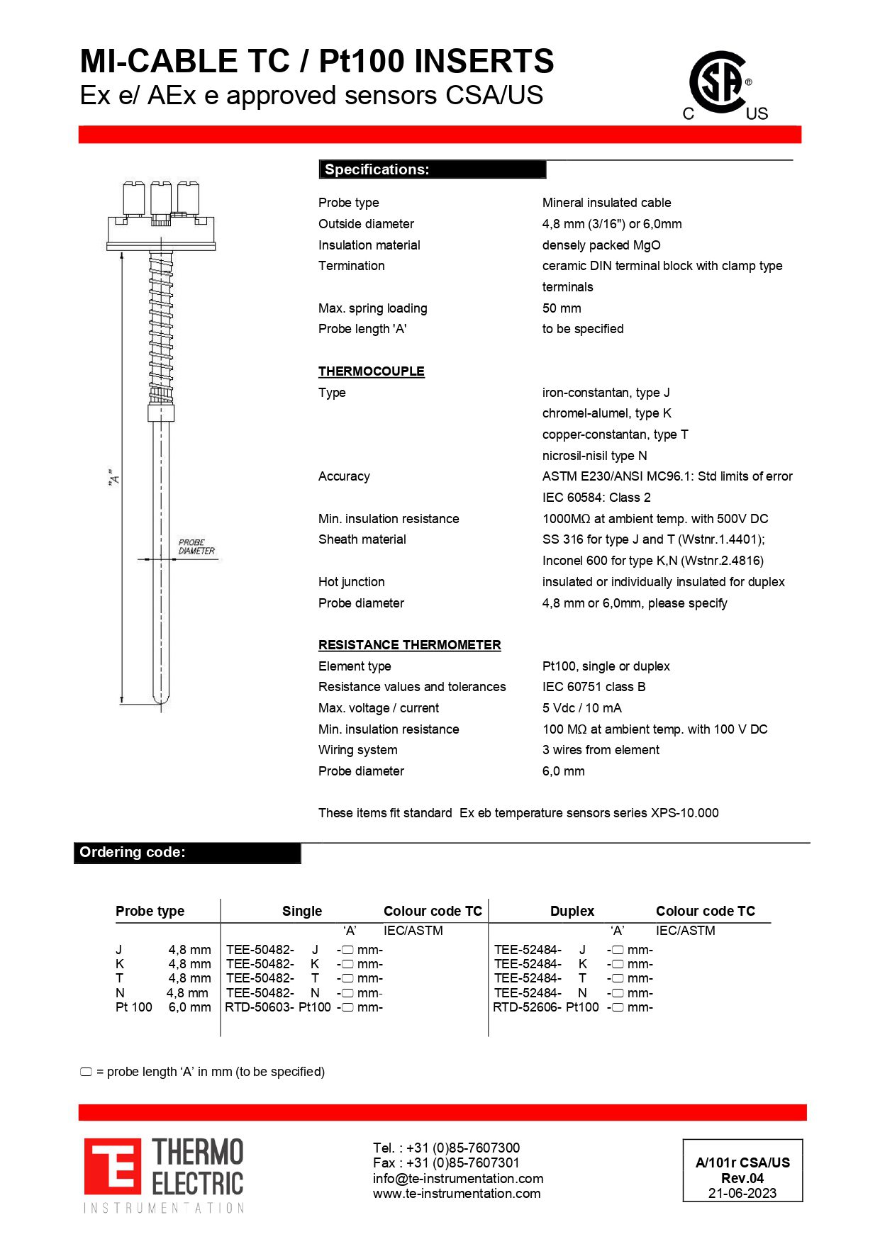 MI-Cable TC / Pt100 Inserts Ex e/ AEx e Approved Sensors CSA/US
