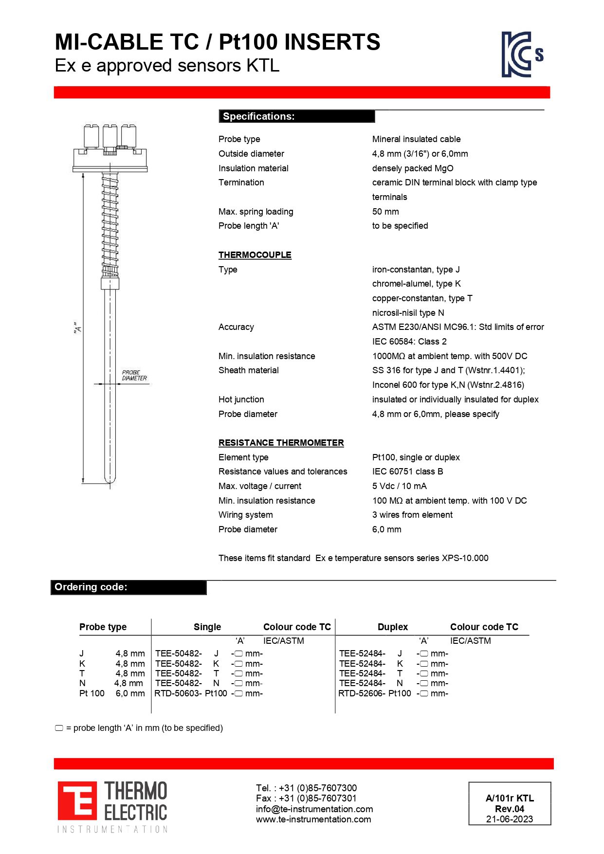 MI-Cable TC / Pt100 Inserts Ex e Approved Sensors KTL