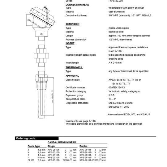 Hazardous Area Industrial Temperature Sensor ATEX Ex ia/Ex ib Approved