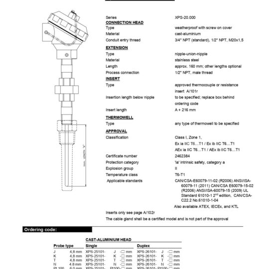 Hazardous Area Industrial Temperature Sensor CSA/US Ex ia/AEx ia Approved