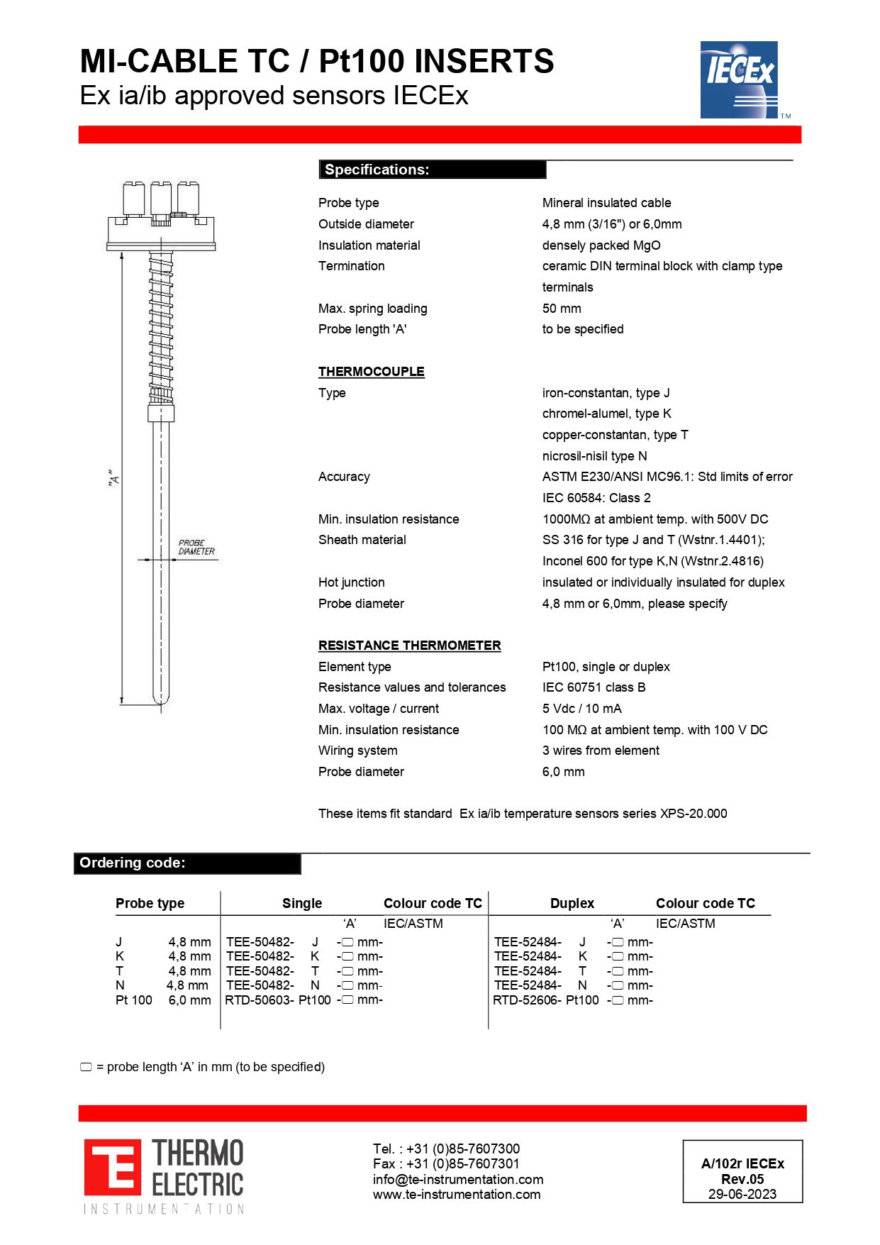MI-Cable TC / Pt100 Inserts Ex ia/ib Approved Sensors IECEx