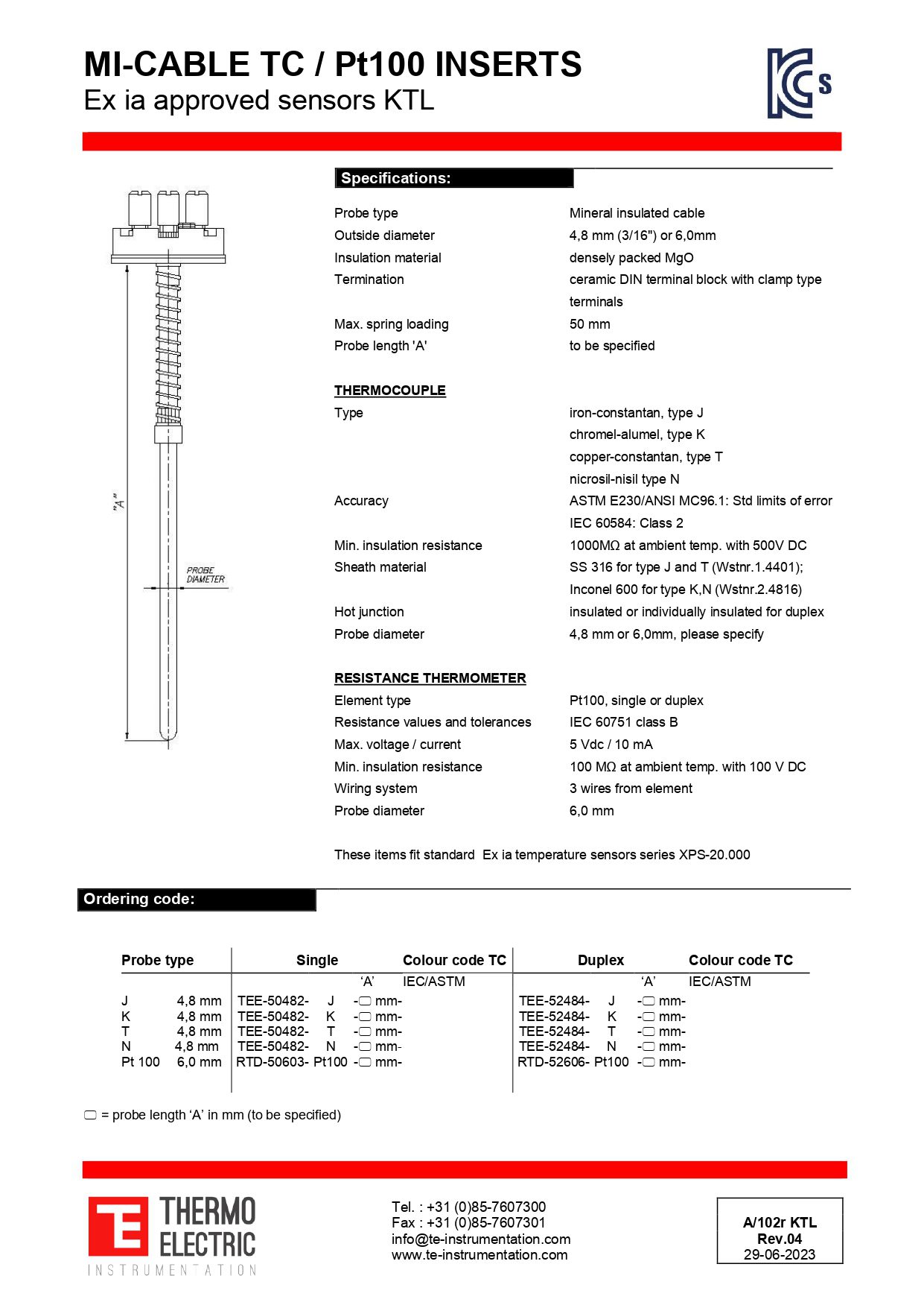 MI-Cable TC / Pt100 Inserts Ex ia Approved Sensors KTL