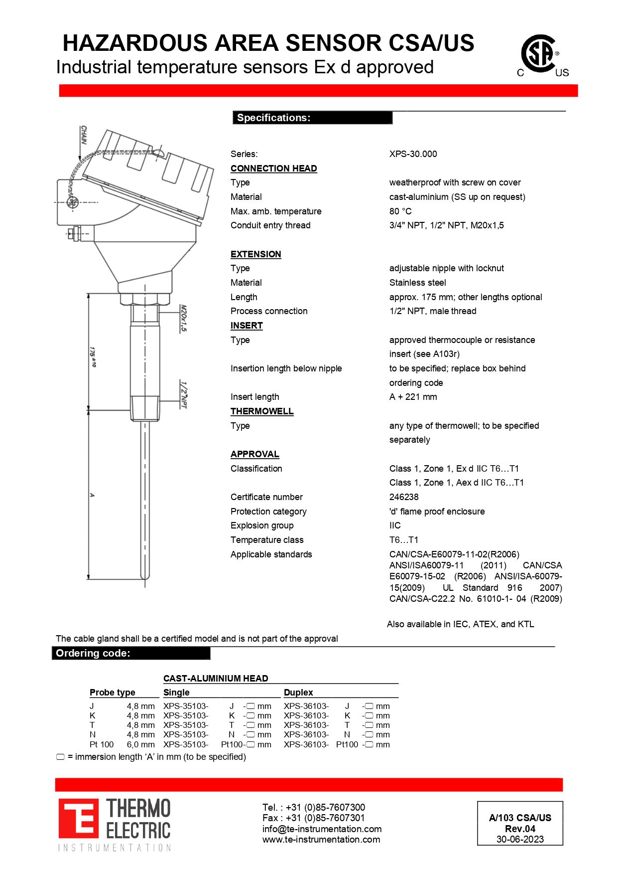 Hazardous Area Industrial Temperature Sensor CSA/US Ex d/AEx d Approved