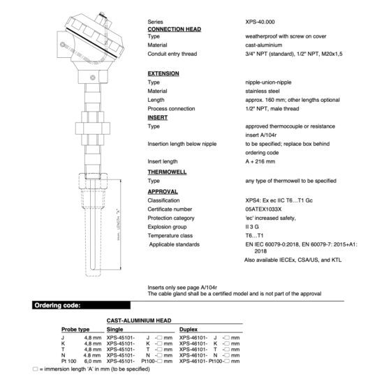 Hazardous Area Industrial Temperature Sensor ATEX Ex ec Approved
