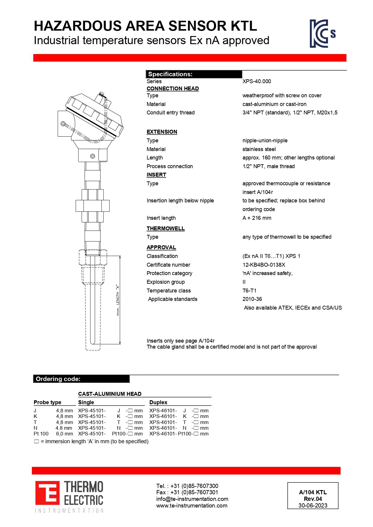 Hazardous Area Industrial Temperature Sensor KTL Ex nA Approved
