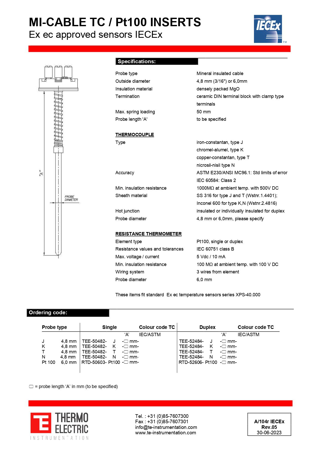 MI-Cable TC / Pt100 Inserts Ex ec Approved Sensors IECEx