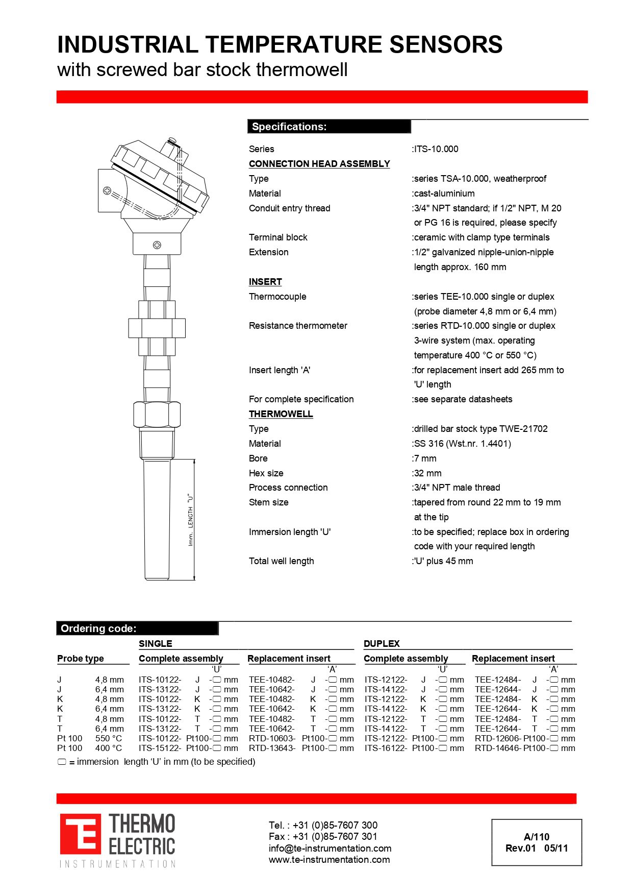 Industrial Temperature Sensors with Screwed Bar Stock Thermowell