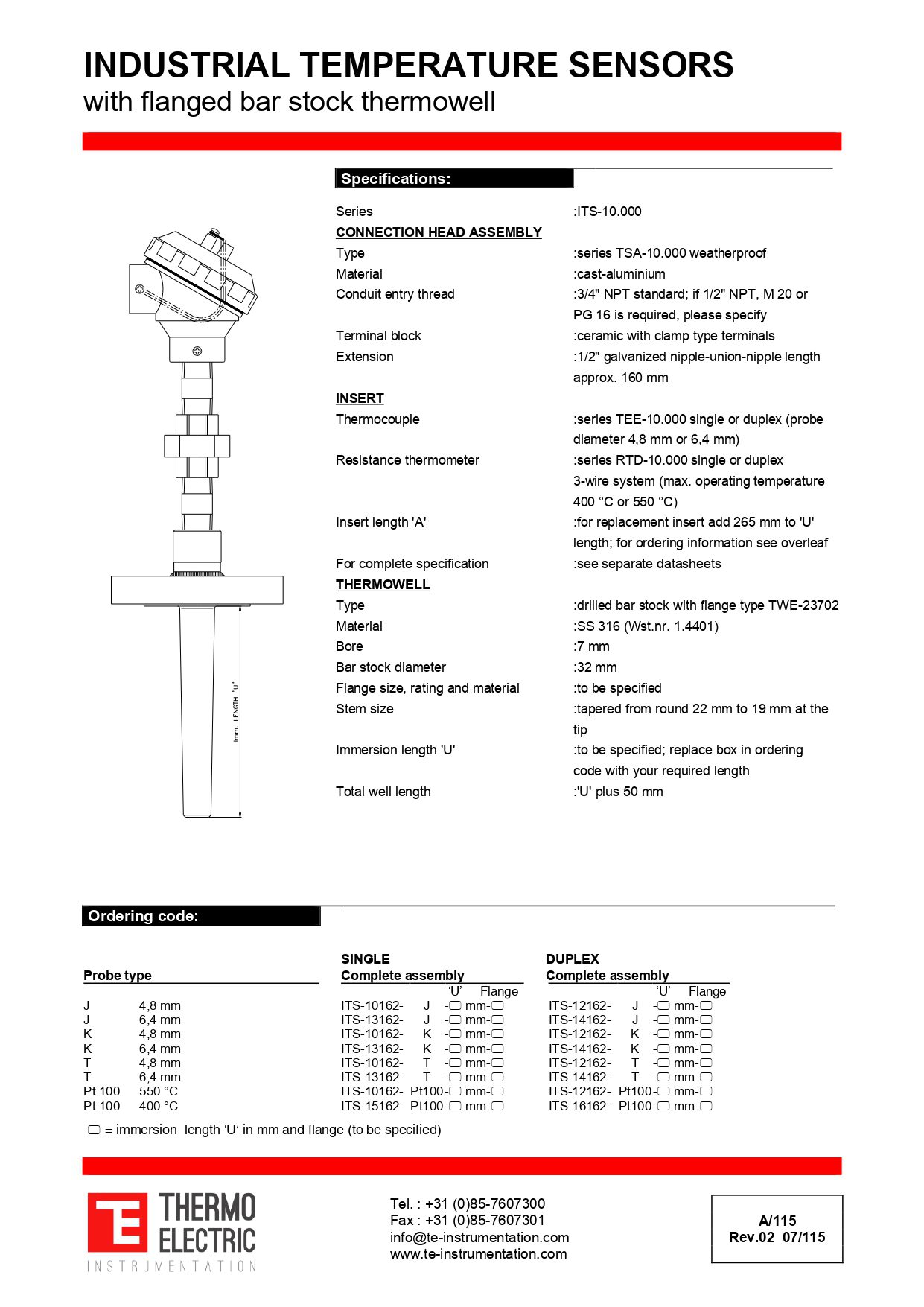 Industrial Temperature Sensors with Flanged Bar Stock Thermowell