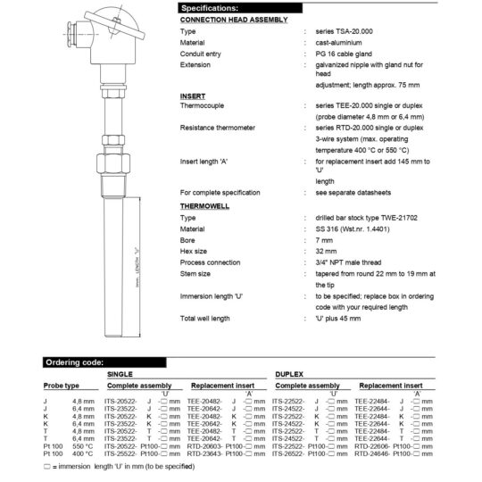 Industrial Temperature Sensors DIN Type Screwed Bar Stock Thermowell