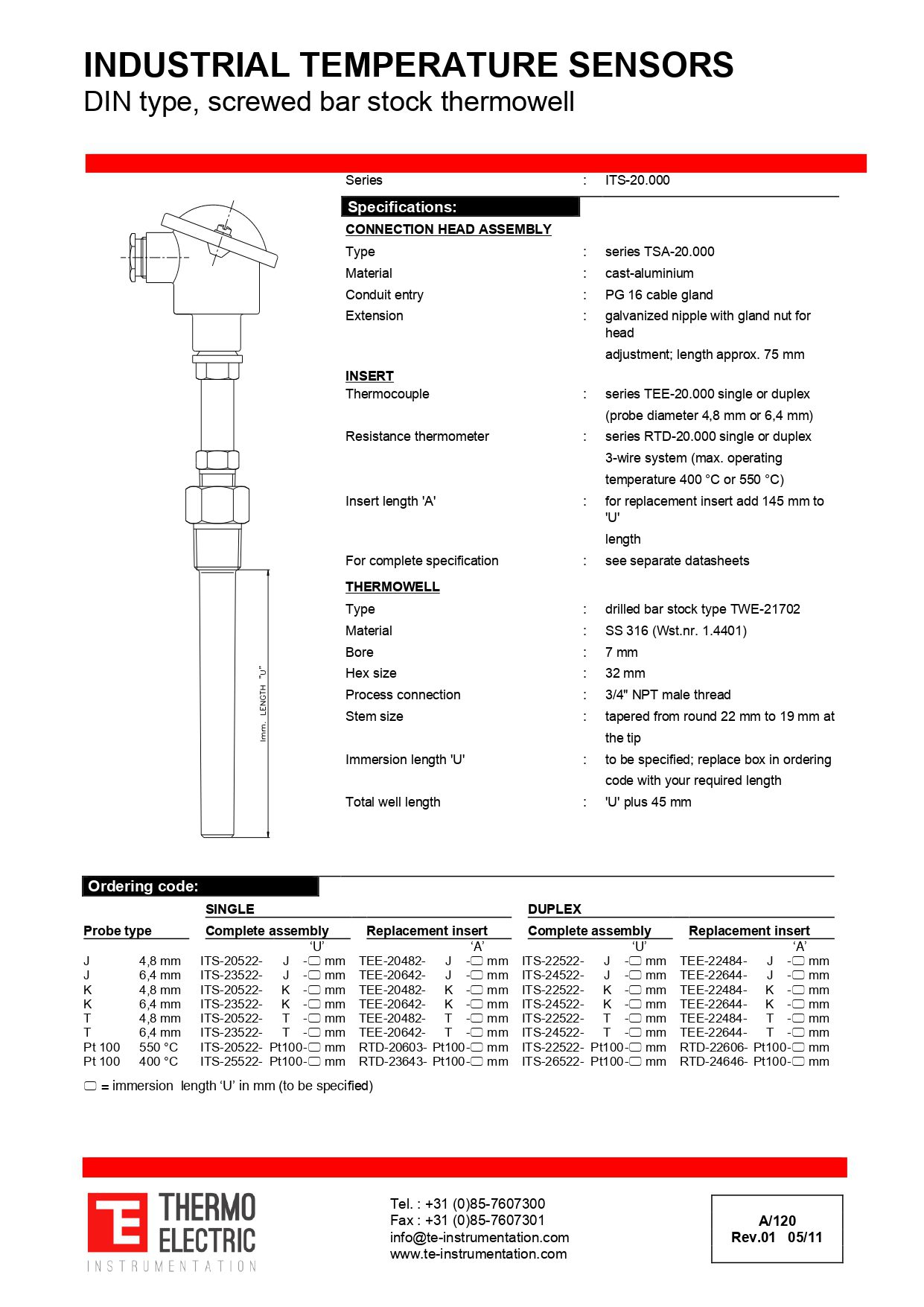 Industrial Temperature Sensors DIN Type Screwed Bar Stock Thermowell