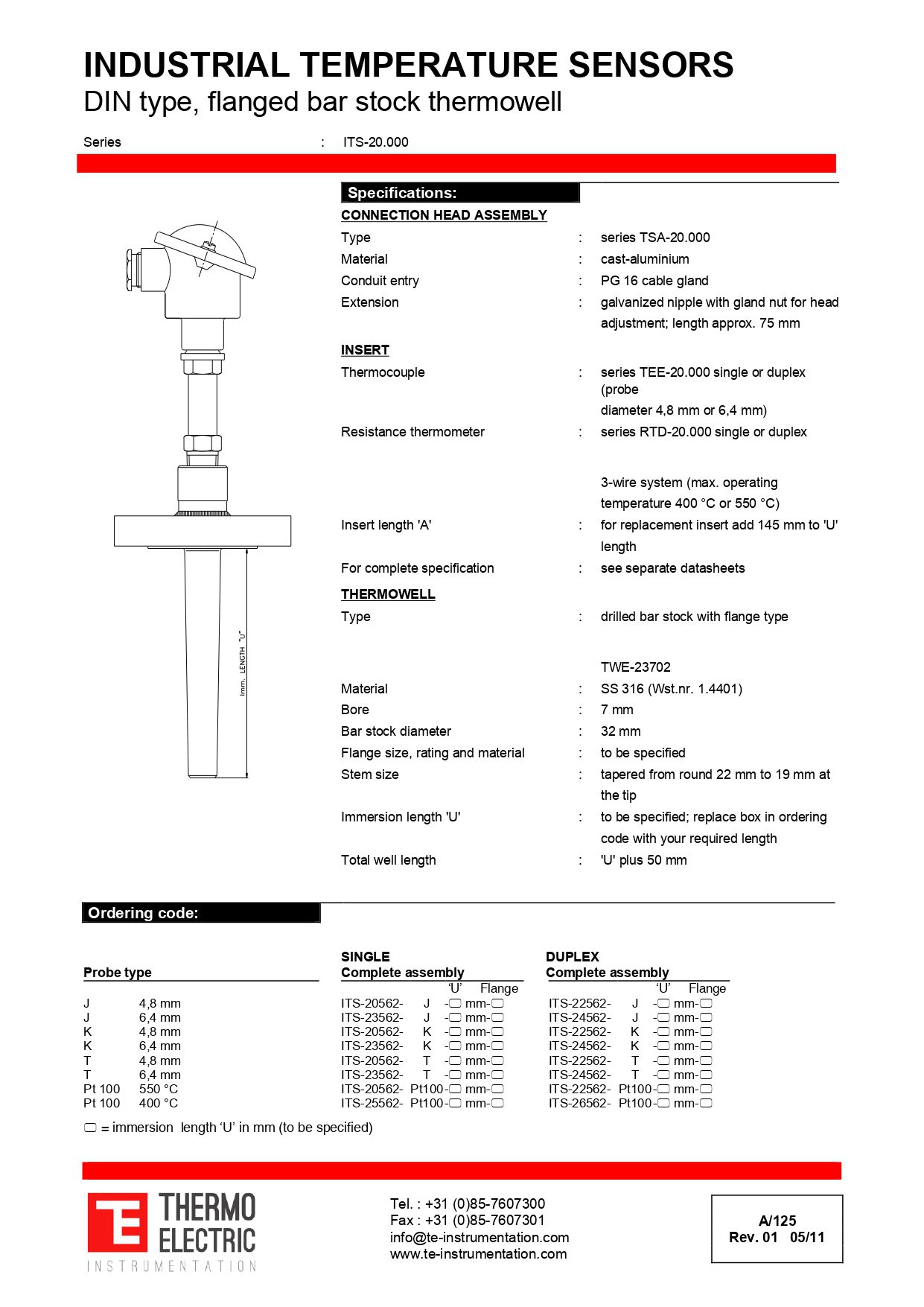 Industrial Temperature Sensors DIN Type Flanged Bar Stock Thermowell
