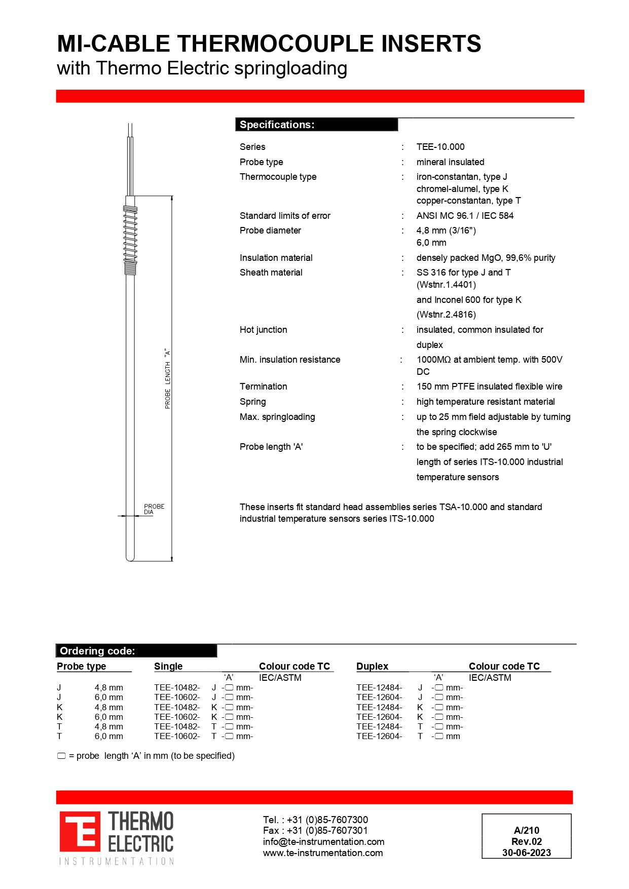 MI-Cable Thermocouple Inserts with Thermo Electric Spring-loading