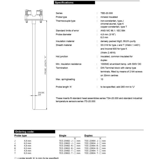 MI-Cable Thermocouple Inserts with DIN Spring-loading
