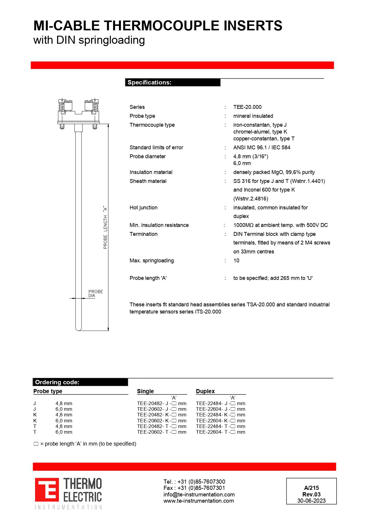MI-Cable Thermocouple Inserts with DIN Spring-loading