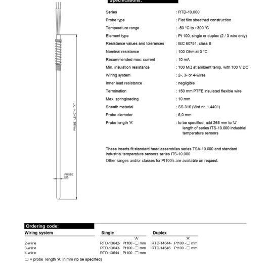 Resistance Thermometer Inserts 300 °C Thermo Electric Spring-loading
