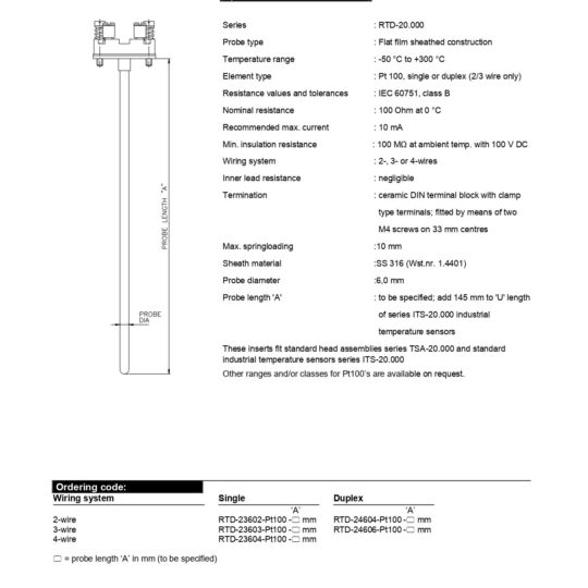 Resistance Thermometer Inserts 300°C DIN Spring-loading
