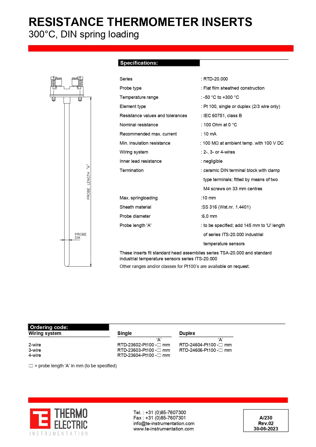 Resistance Thermometer Inserts 300°C DIN Spring-loading