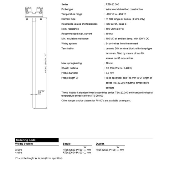 Resistance Thermometer Inserts 450°C DIN Spring-loading