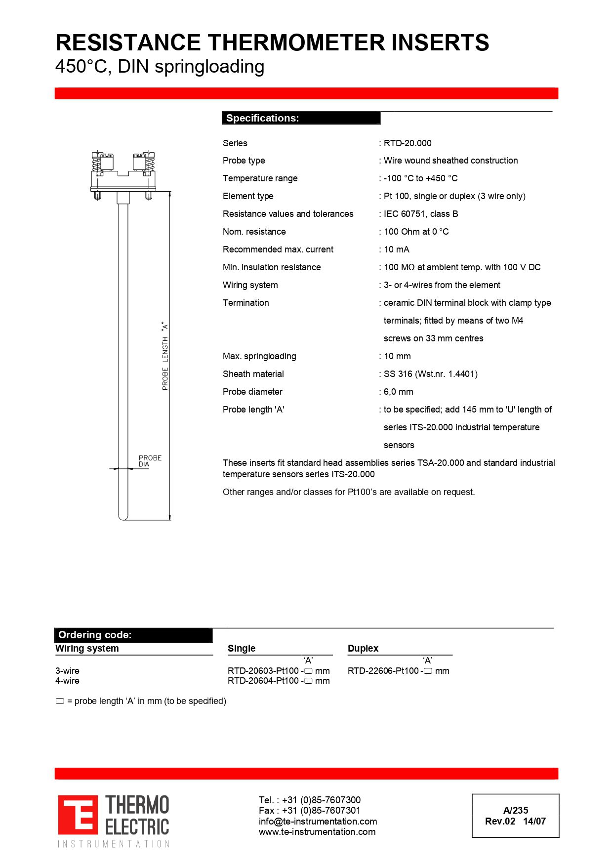 Resistance Thermometer Inserts 450°C DIN Spring-loading