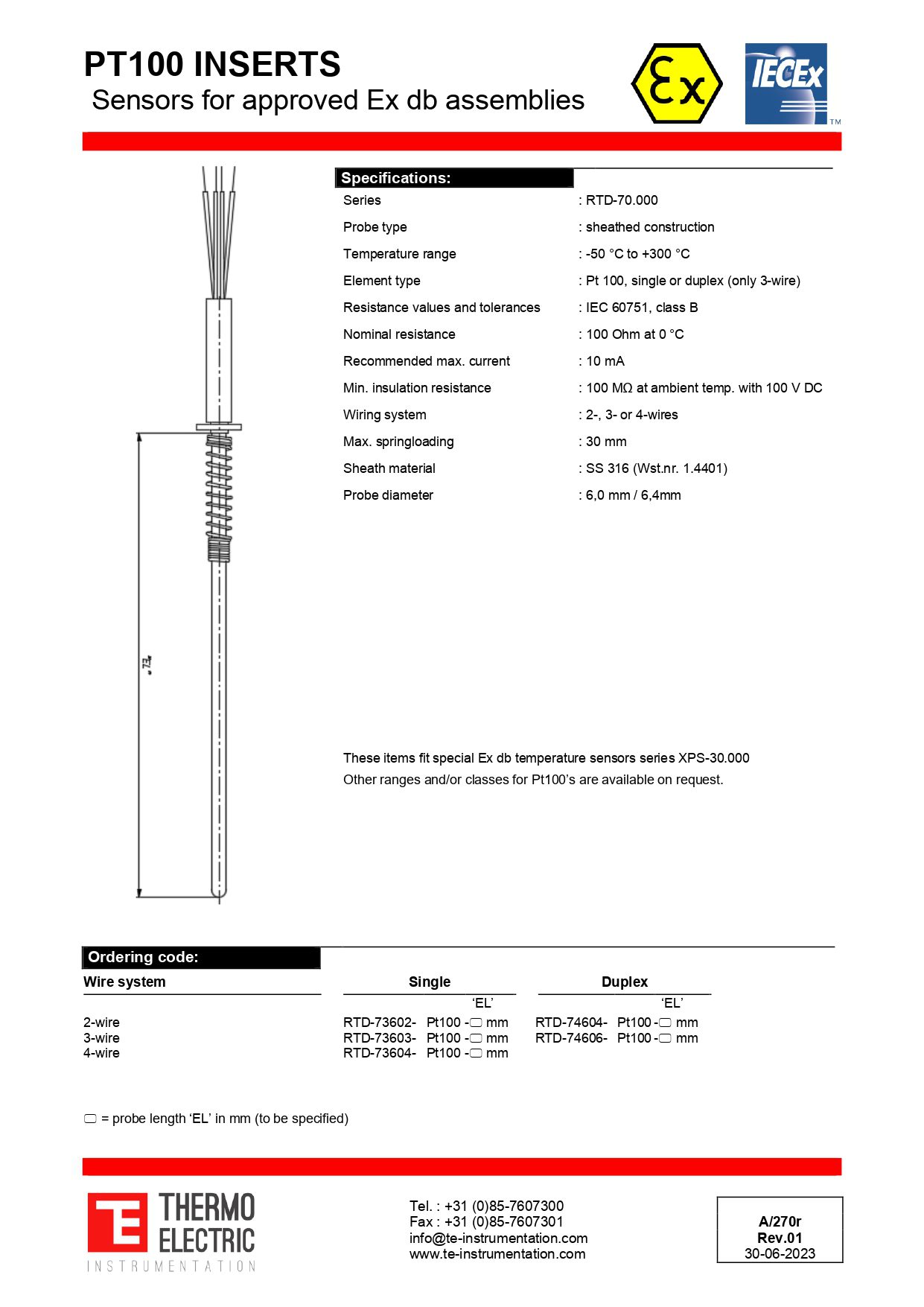 Pt100 Inserts Sensors for Approved Ex db Assemblies