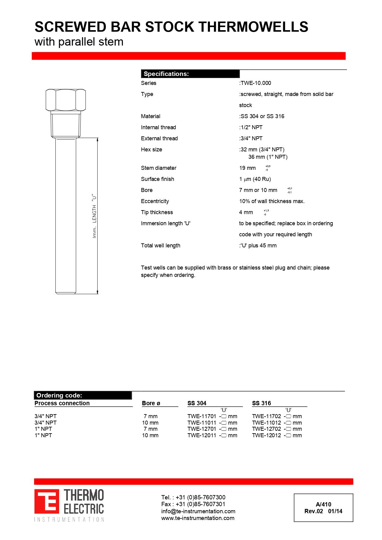 Screwed Bar Stock Thermowells with Parallel Stem