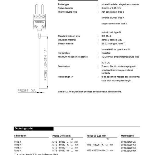 Sub Miniature Mi-Cable Thermocouples Direct Mounted Miniature Plug