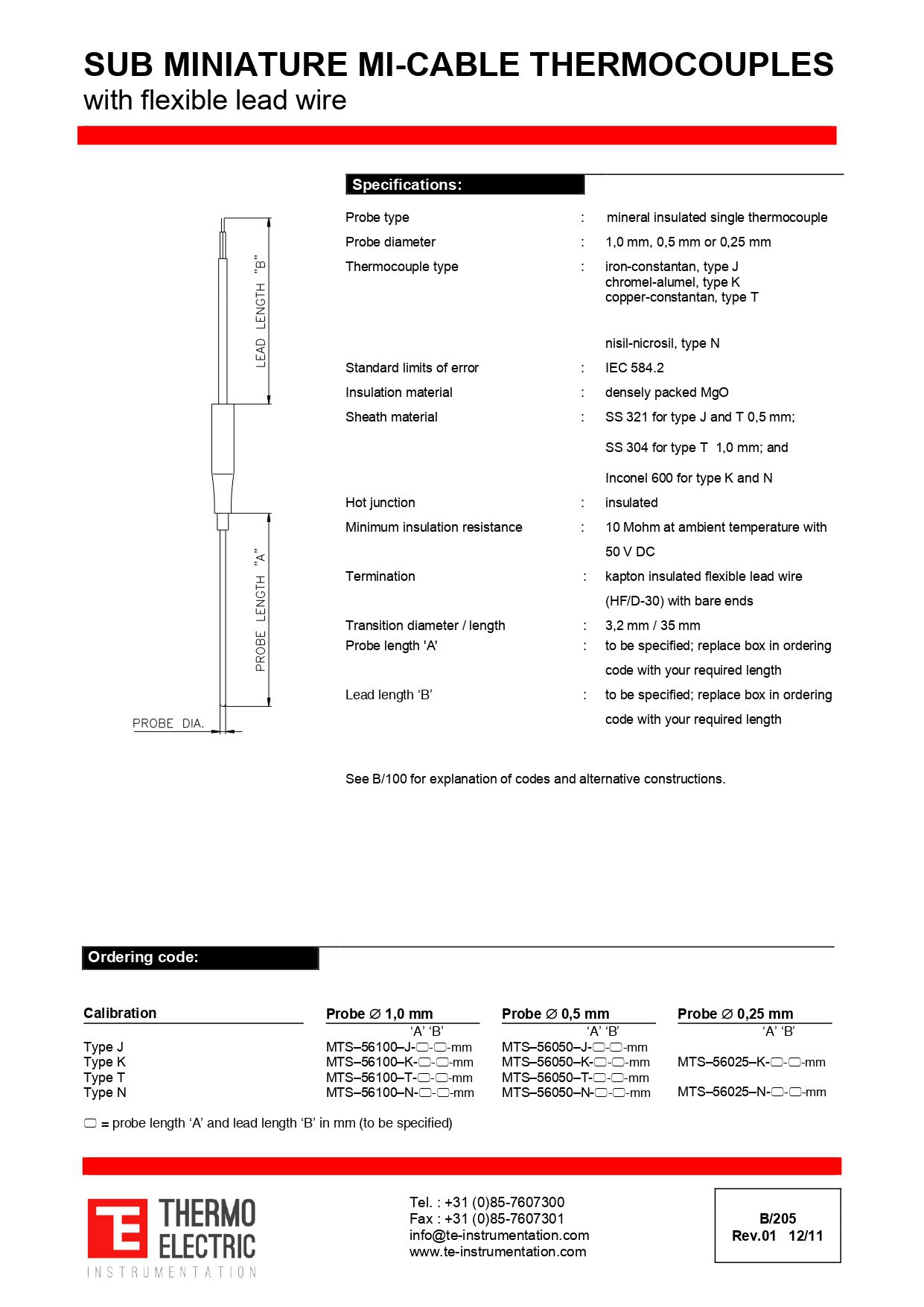 Sub Miniature Mi-Cable Thermocouples Flexible Lead Wire