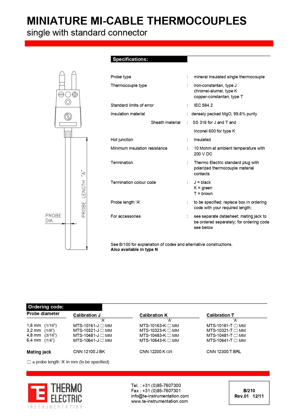 Miniature Mi-Cable Thermocouples Single with Standard Connector