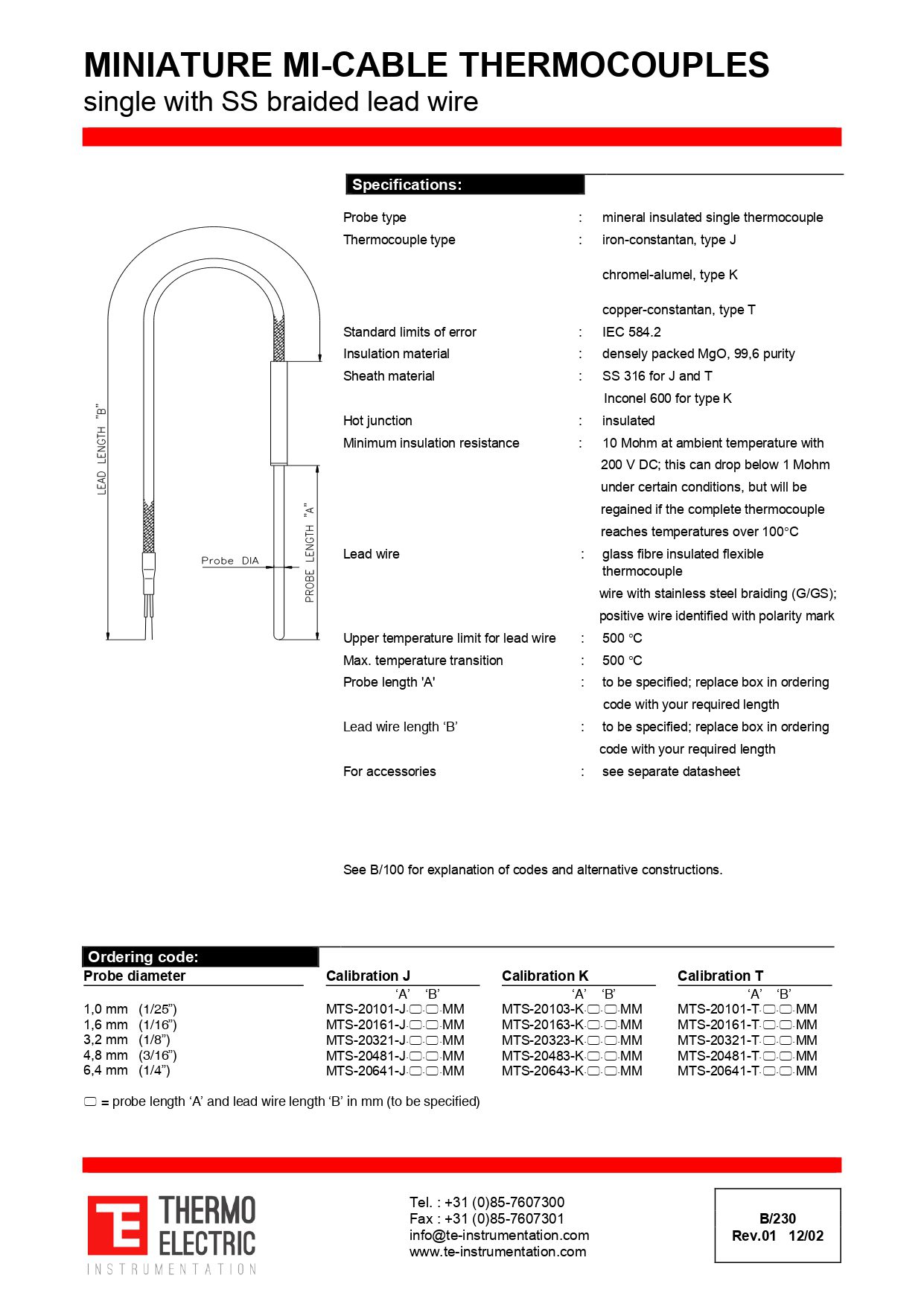 Miniature Mi-Cable Thermocouples Single with SS Braided Lead Wire
