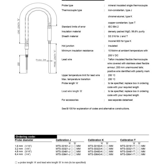 Miniature Mi-Cable Thermocouples Single with SS Armoured Lead Wire