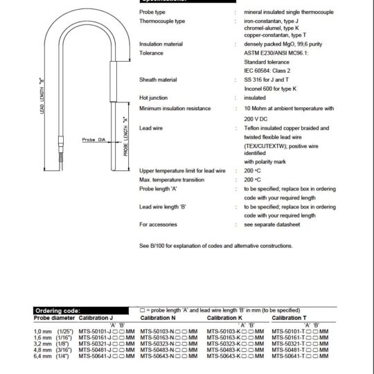 Miniature Mi-Cable Thermocouples Single with Teflon Insulated Lead Wire
