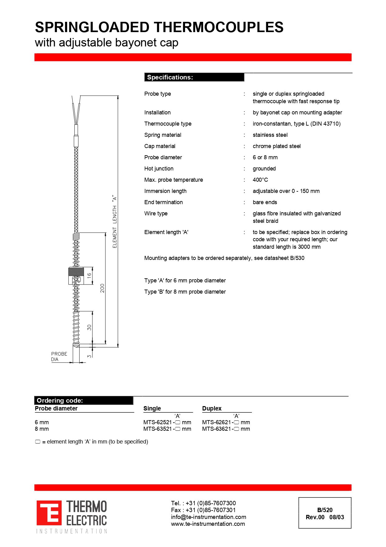 Spring-Loaded Thermocouples with Adjustable Bayonet Cap