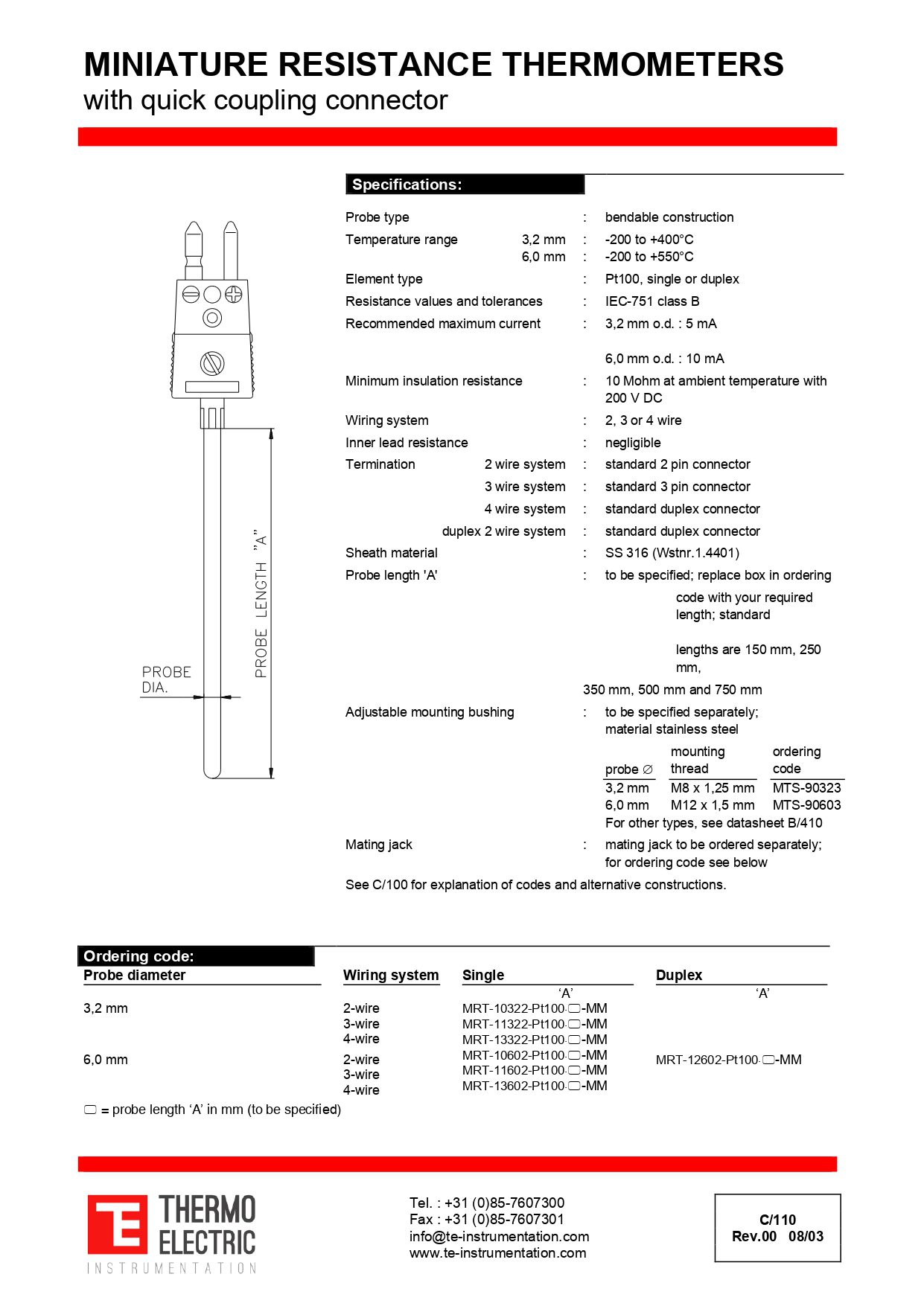 Miniature Resistance Thermometer with Quick Coupling Connector