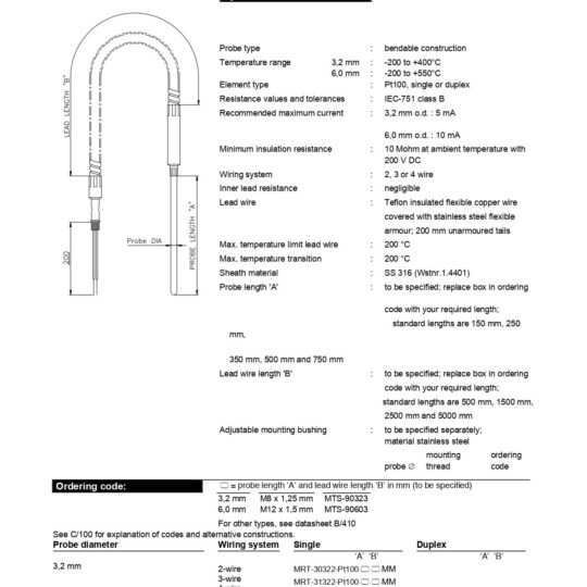Miniature Resistance Thermometers with SS Armoured Lead Wire