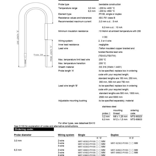 Miniature Resistance Thermometers with Teflon Insulated Lead Wire