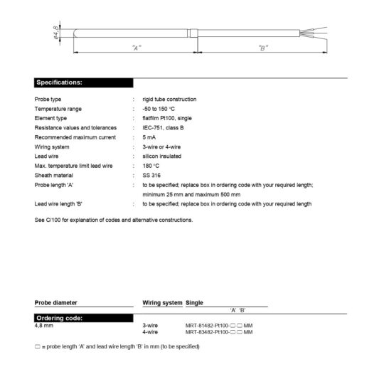 Miniature Resistance Thermometer Rigid Construction with Silicone Lead Wire