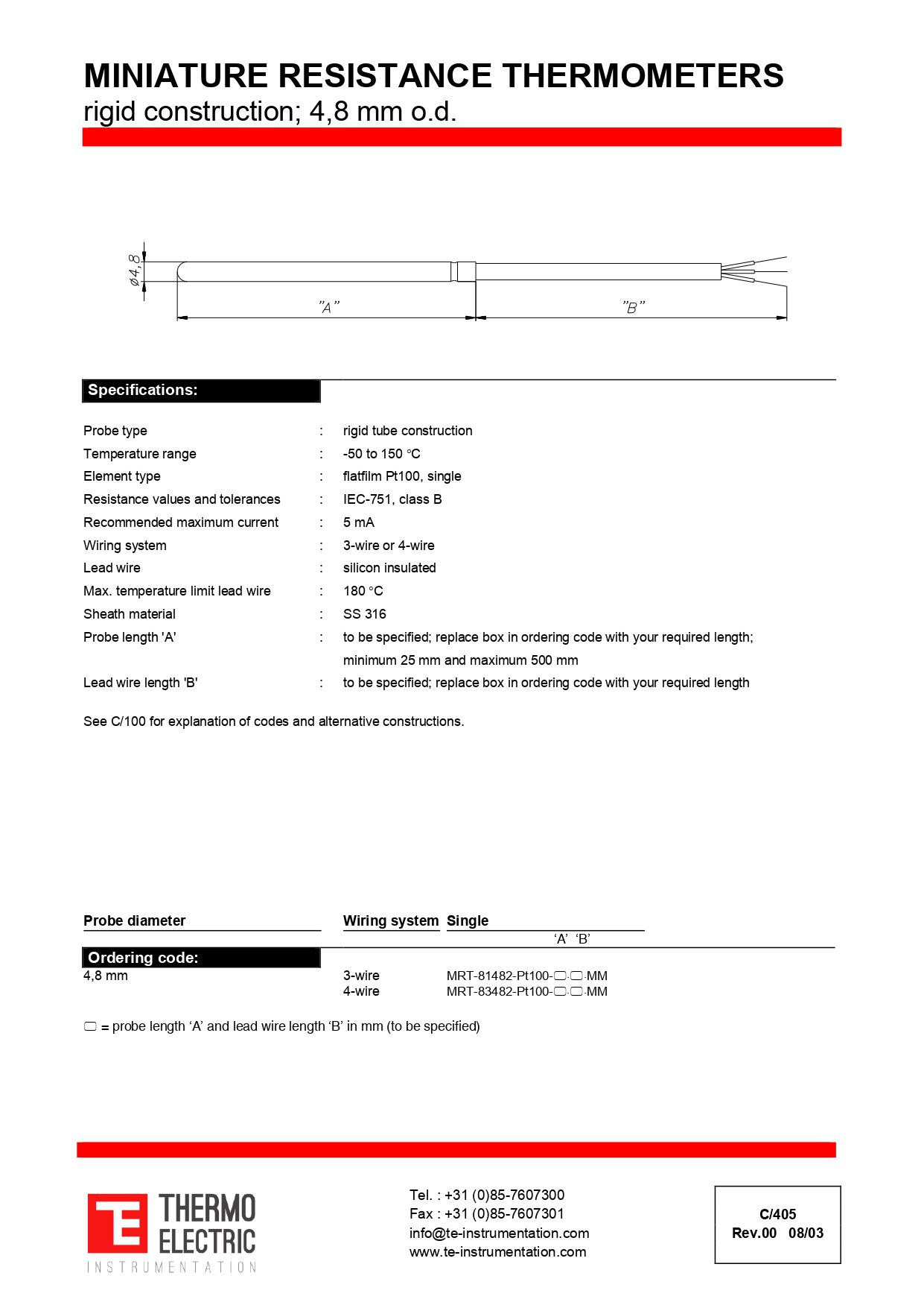 Miniature Resistance Thermometer Rigid Construction with Silicone Lead Wire