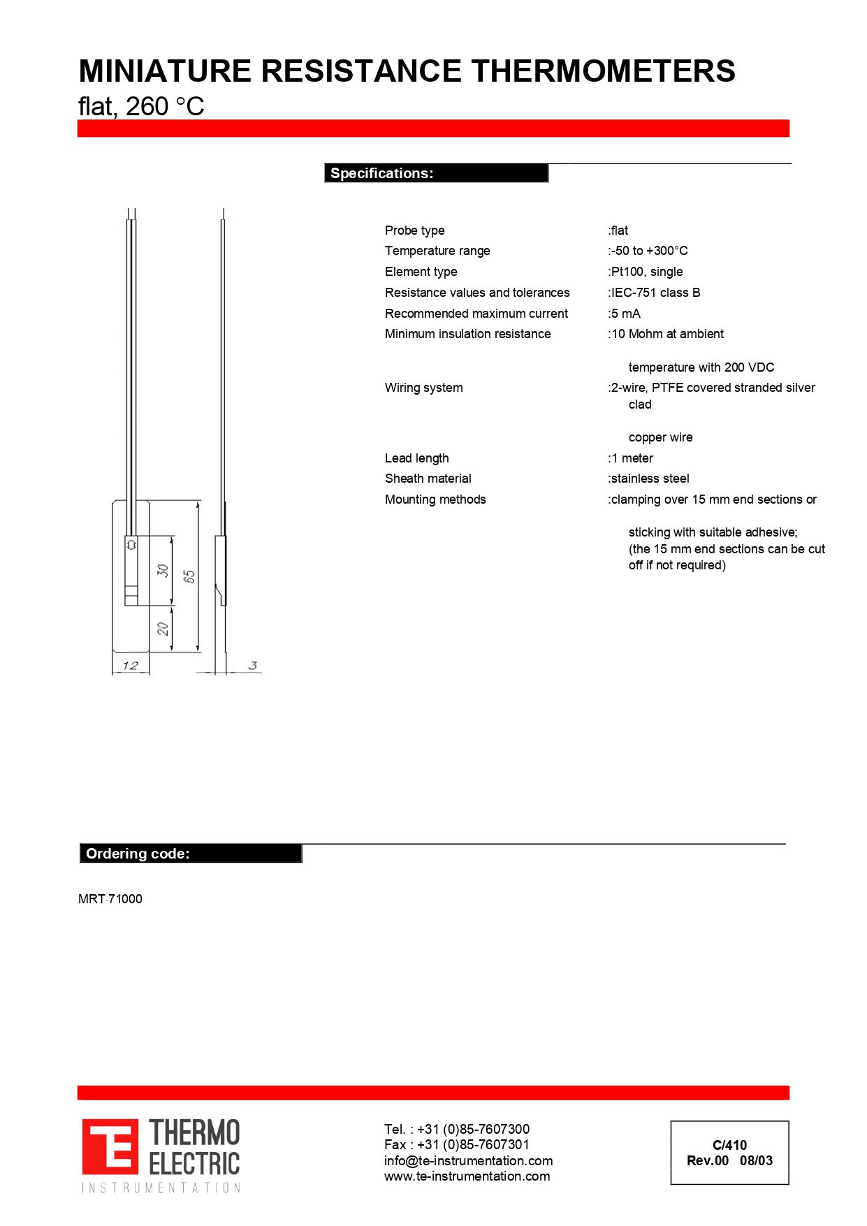 Miniature Resistance Thermometer Flat 260C
