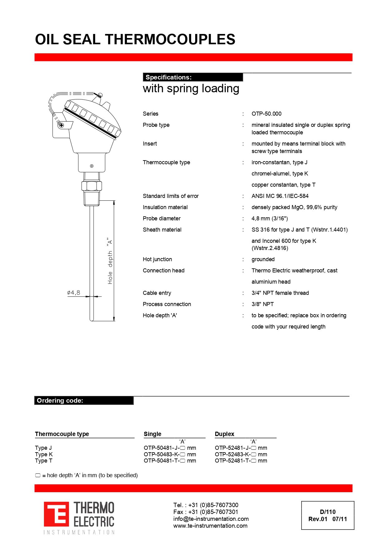 Oil Seal Thermocouples with Spring-Loading - insert