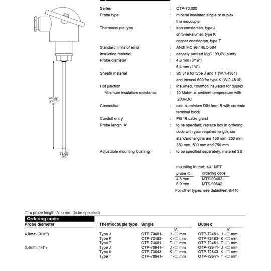 MI-Cable Thermocouple Probe with Light-Weight Connection Head