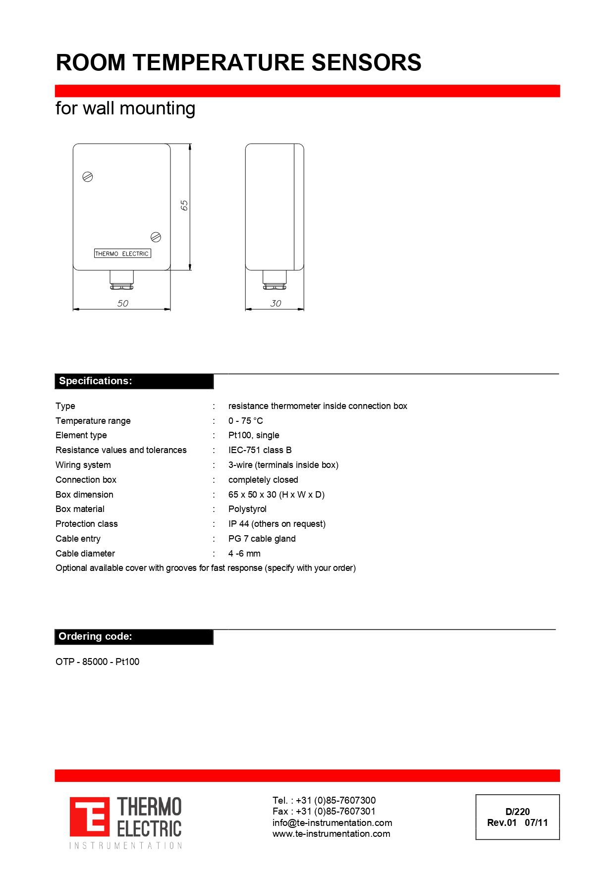 Room Temperature Sensors for Wall Mounting