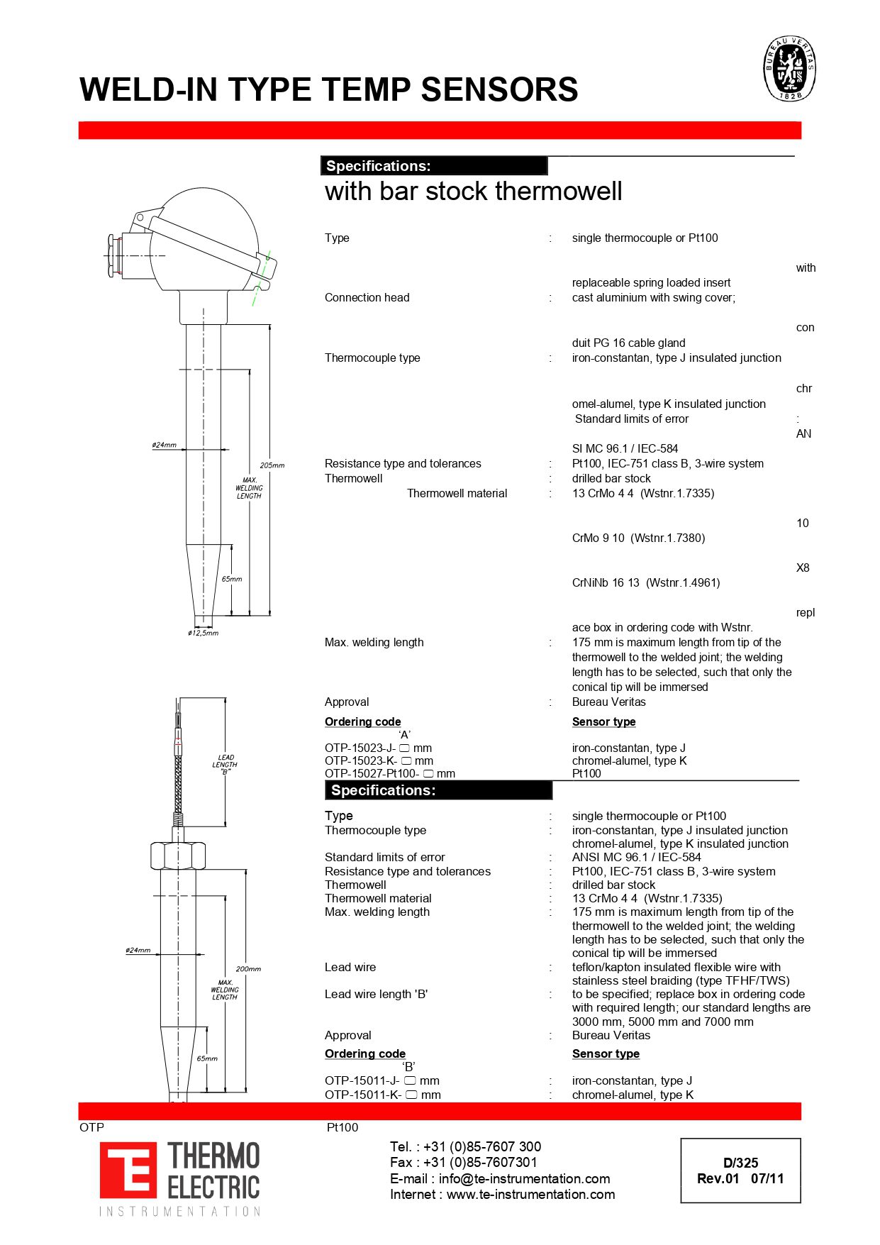 Weld-in Type Temperature Sensors - Veritas