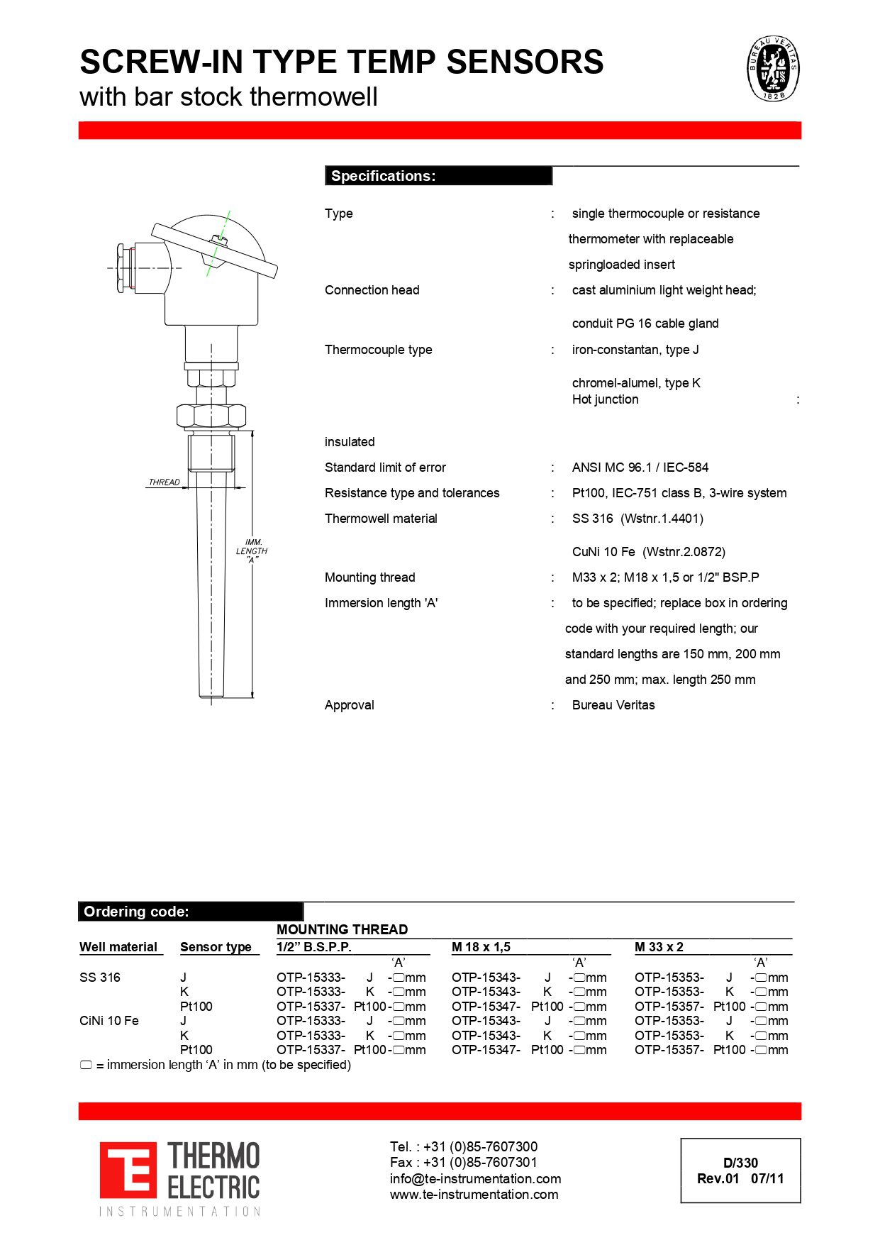 Screw In Type Temperature Sensors with Bar Stock Thermowell - Veritas